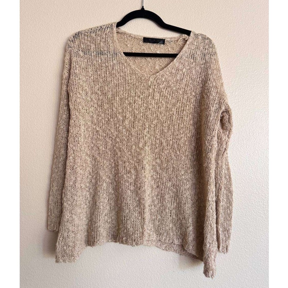 MAK Beige Oatmeal V-Neck Oversized Pullover Sweater Coastal S Cottagecore Boho